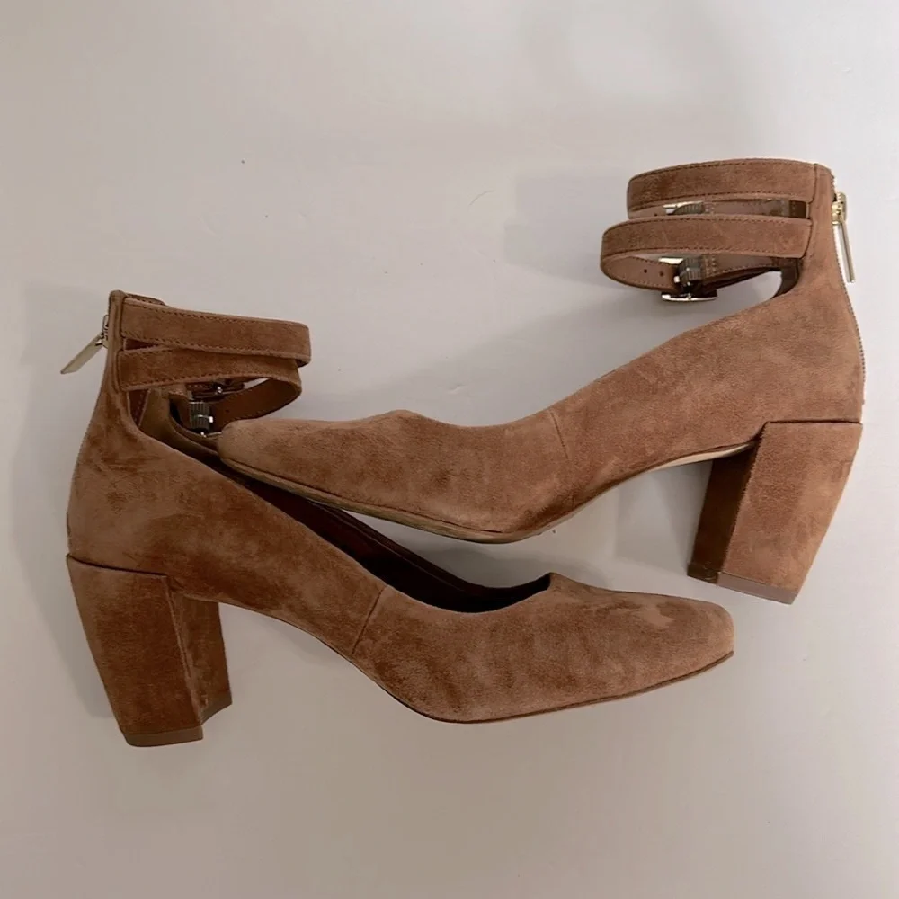 H by Halston Regina Brown Suede Block Heel with Buckle Ankle Strap Zip size 6